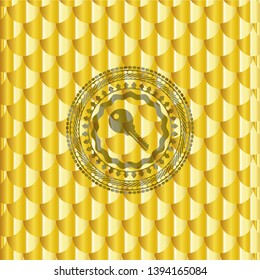 key icon inside gold shiny badge. Scales pattern. Vector Illustration. Detailed.