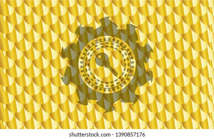key icon inside golden emblem. Scales pattern. Vector Illustration. Detailed.