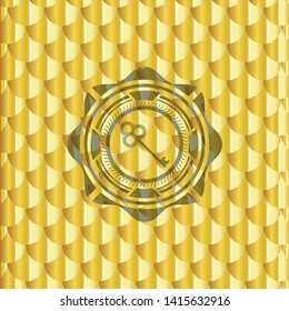 key icon inside golden emblem or badge. Scales pattern. Vector Illustration. Detailed.