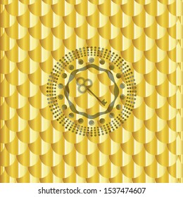 key icon inside golden emblem or badge. Scales pattern. Vector Illustration. Detailed.