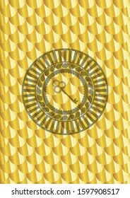 key icon inside golden emblem. Scales pattern. Vector Illustration. Detailed.