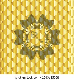 key icon inside golden emblem or badge. Scales pattern. Vector Illustration. Detailed. 