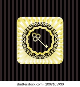 key icon inside golden emblem or badge. 