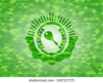 key icon inside green emblem with mosaic ecological style background