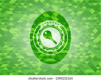 key icon inside green emblem with mosaic ecological style background