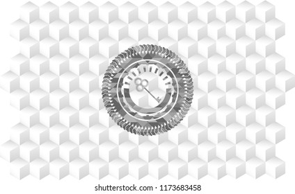 key icon inside grey badge with geometric cube white background
