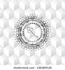 key icon inside grey badge with geometric cube white background