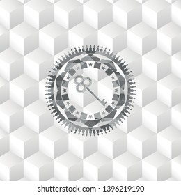 key icon inside grey badge with geometric cube white background