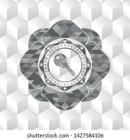 key icon inside grey badge with geometric cube white background