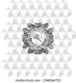 key icon inside grey icon or emblem with geometric cube white background