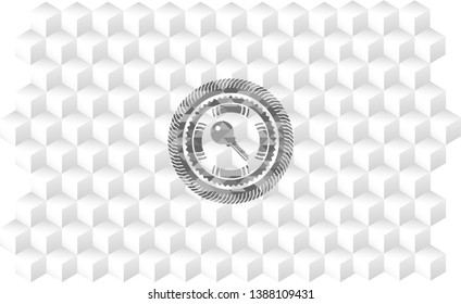 key icon inside grey emblem with cube white background
