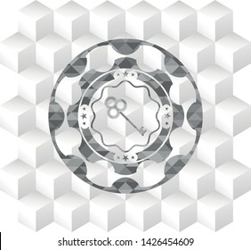 key icon inside grey emblem with geometric cube white background