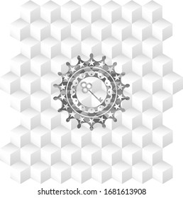 key icon inside grey emblem. Vintage with geometric cube white background