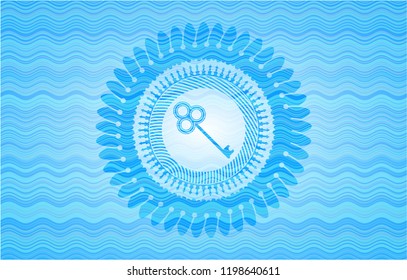 key icon inside light blue water wave emblem background.