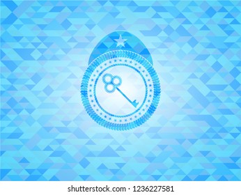 key icon inside light blue emblem with triangle mosaic background