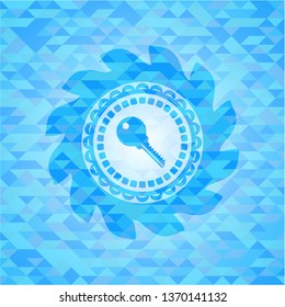key icon inside light blue emblem. Mosaic background