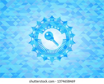key icon inside light blue emblem with mosaic background
