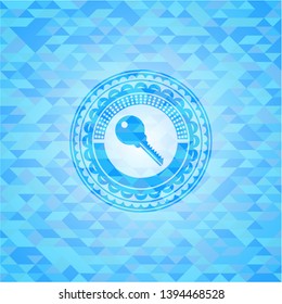 key icon inside light blue emblem with mosaic background