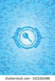 key icon inside light blue emblem with triangle mosaic background