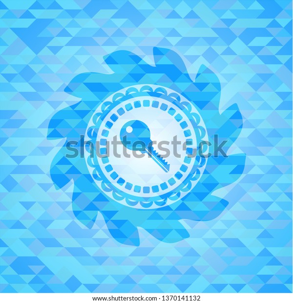 key icon\
inside light blue emblem. Mosaic\
background