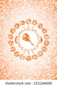key icon inside orange tile background illustration. Square geometric mosaic seamless pattern with emblem inside.