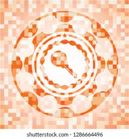 key icon inside orange tile background illustration. Square geometric mosaic seamless pattern with emblem inside.