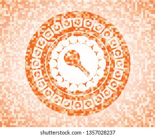 key icon inside orange tile background illustration. Square geometric mosaic seamless pattern with emblem inside.