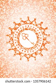 key icon inside orange tile background illustration. Square geometric mosaic seamless pattern with emblem inside.
