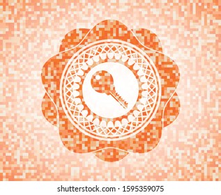 key icon inside orange tile background illustration. Square geometric mosaic seamless pattern with emblem inside.