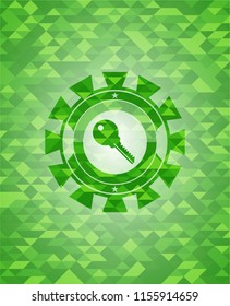key icon inside realistic green emblem. Mosaic background