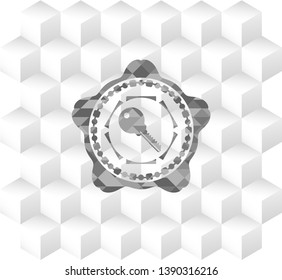 key icon inside realistic grey emblem with cube white background