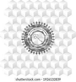 icono de tecla dentro de un emblema gris realista con fondo blanco cubo geométrico. 