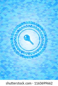 key icon inside realistic light blue emblem. Mosaic background