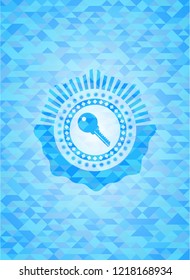 key icon inside realistic light blue emblem. Mosaic background