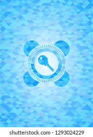 key icon inside realistic light blue mosaic emblem