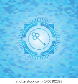 key icon inside realistic sky blue mosaic emblem
