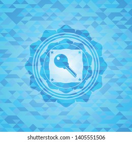 key icon inside realistic sky blue emblem. Mosaic background