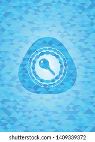 key icon inside realistic sky blue emblem. Mosaic background