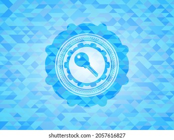 key icon inside realistic sky blue emblem. Mosaic background. 