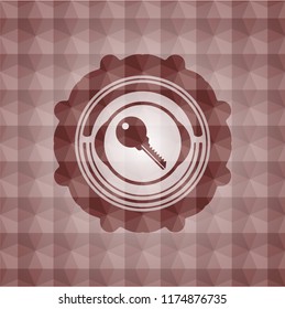 key icon inside red emblem or badge with abstract geometric polygonal pattern background. Seamless.