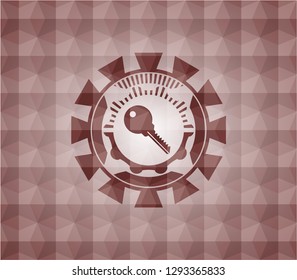 key icon inside red emblem or badge with abstract geometric polygonal pattern background. Seamless.