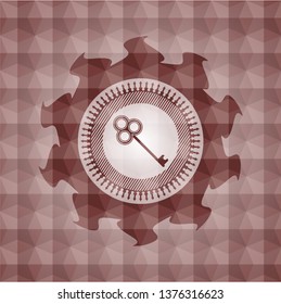 key icon inside red emblem with geometric pattern background. Seamless.