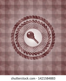 key icon inside red emblem or badge with abstract geometric polygonal pattern background. Seamless.