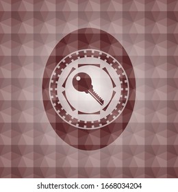 key icon inside red emblem or badge with abstract geometric pattern background. Seamless.