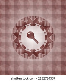 key icon inside red emblem with geometric pattern background. Seamless. 