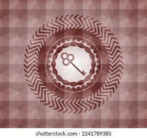 Schlüsselsymbol in rotem Emblem oder Abzeichen mit geometrischem Musterhintergrund. Nahtlos. 