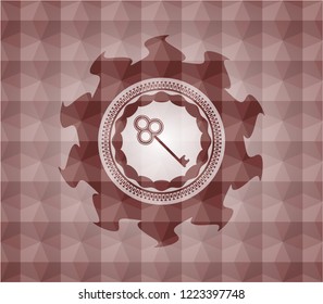 key icon inside red seamless geometric pattern emblem. Seamless.