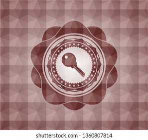 key icon inside red seamless badge with geometric background.