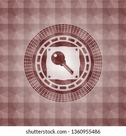 key icon inside red seamless emblem with geometric pattern background.