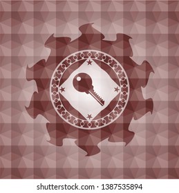 key icon inside red seamless badge with geometric pattern.